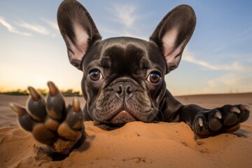 Close-up portrait photography of a bored french bulldog giving the paw against sand dunes...