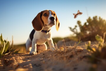 Environmental portrait photography of a curious beagle having a butterfly on its nose against sand dunes background. With generative AI technology - obrazy, fototapety, plakaty