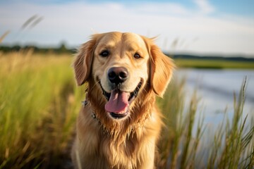 Headshot portrait photography of a cute golden retriever shaking his paws against wetlands and...