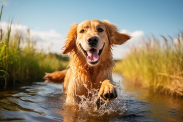 Headshot portrait photography of a cute golden retriever shaking his paws against wetlands and...