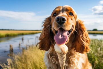 Close-up portrait photography of a smiling cocker spaniel licking an ice cream cone against wetlands and marshes background. With generative AI technology