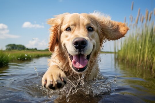 Headshot portrait photography of a cute golden retriever shaking his paws against wetlands and marshes background. With generative AI technology