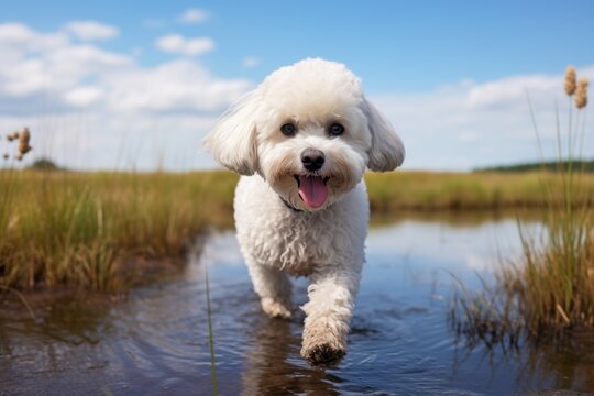 Lifestyle portrait photography of a cute bichon frise walking against wetlands and marshes background. With generative AI technology