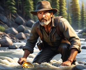 Golden Pursuit: Prospector Relives the Gold Rush Era, Panning for Treasure in a Rushing River. generative AI