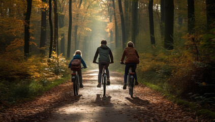 Landscape Style with Two People and a Child Cycling Through a Forest Trail