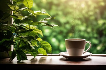  a cup of coffee sitting on top of a wooden table next to a leafy green plant on a window sill.