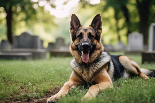 Lifestyle portrait photography of a smiling german shepherd having a paw print against cemeteries background. With generative AI technology