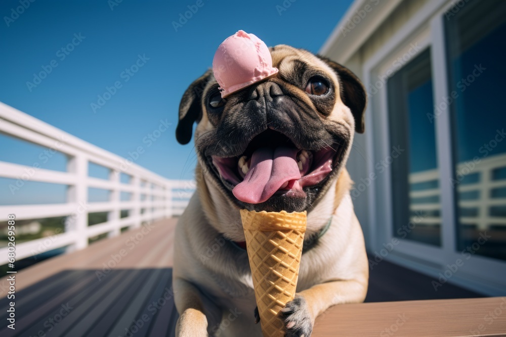 Canvas Prints Lifestyle portrait photography of a funny pug licking an ice cream cone against observatory decks background. With generative AI technology