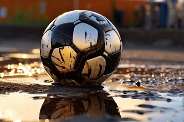  a black and white soccer ball sitting on top of a puddle of water in front of a brick wall and a building.