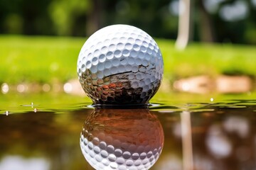  a close up of a golf ball on a body of water with grass in the back ground and trees in the background.