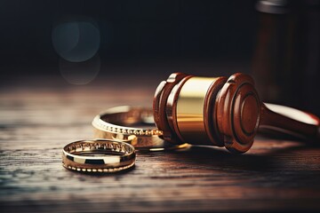  a judge's gaven and two wedding rings on a wooden table with a judge's hammer in the background.