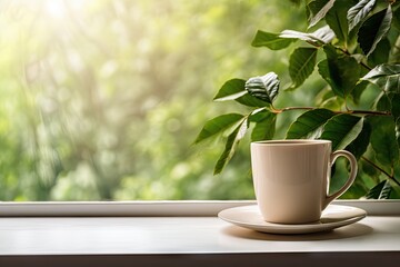  a coffee cup sits on a saucer on a window sill in front of a green leafy tree.