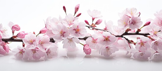 In Japan, a young and beautiful cherry blossom, also known as Sakura, is captured up close with a macro lens, showcasing its pink and white petals against an isolated white background, creating a