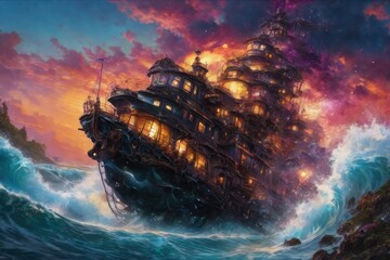 the ship is a ship on the ocean with a beautiful landscape. the ship is a ship on the ocean with a beautiful landscape. beautiful sunset in the sea - Powered by Adobe