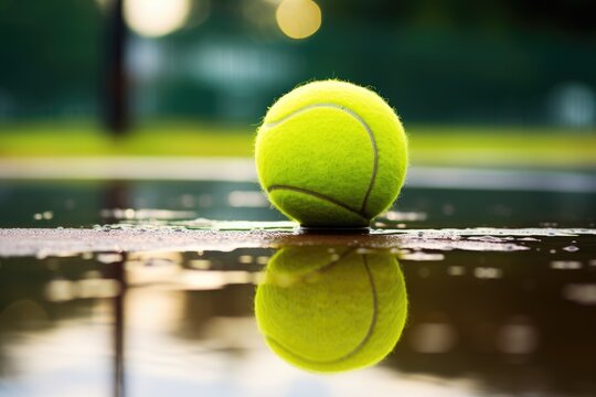  a tennis ball sitting on top of a puddle of water on a tennis court with the reflection of the tennis court in the water.