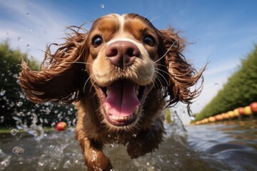 Lifestyle portrait photography of a funny cocker spaniel splashing in a pool against apple orchards background. With generative AI technology