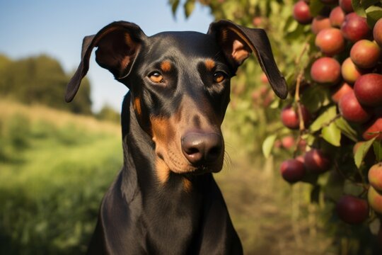 Close-up portrait photography of a funny doberman pinscher wagging its tail against apple orchards background. With generative AI technology