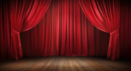 Magic Theater Stage Red Curtains with Show Spotlight. Theatre and Opera Interior Background for Holiday, Events, Christmas Representations