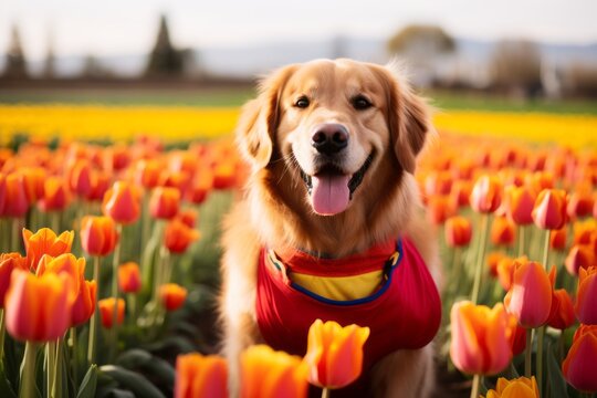 Environmental portrait photography of a happy golden retriever wearing a halloween costume against tulip fields background. With generative AI technology
