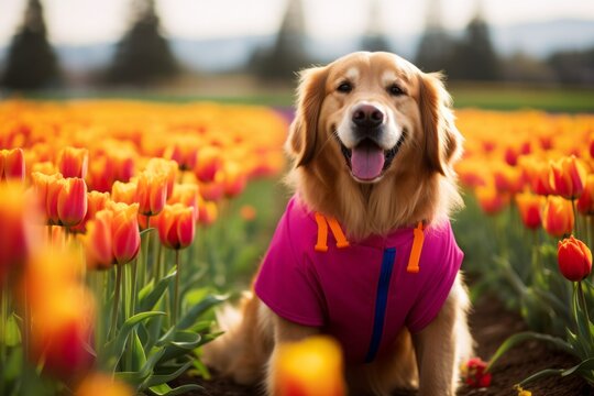 Environmental portrait photography of a happy golden retriever wearing a halloween costume against tulip fields background. With generative AI technology