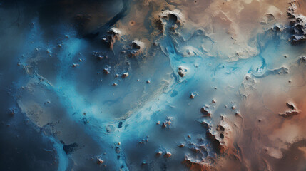 High-altitude Abstract Landscape: Aerial Illustration of Earth or Unknown Planet Surface. Barren Terrain with Mountains, Canyons, Gorges, and Water Bodies. Surreal Planetary Landscape with No Greenery