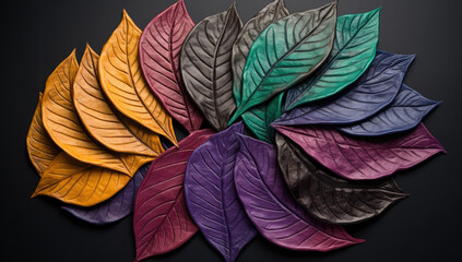 Textured Surface with Colored Leaves in Various Shapes, Eco-Friendly Craftsmanship, Leather/Hide Aesthetic