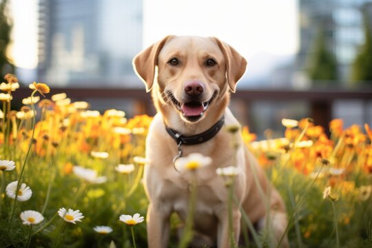 Lifestyle portrait photography of a cute labrador retriever being in a field of flowers against urban rooftop gardens background. With generative AI technology