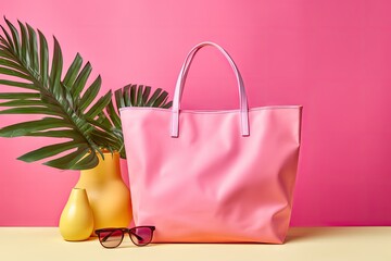  a pink tote bag sitting next to a yellow vase with a green plant in it on a pink background.