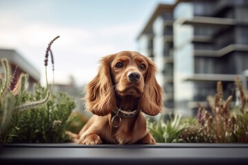 Lifestyle portrait photography of a curious cocker spaniel sitting on a bench against urban rooftop gardens background. With generative AI technology