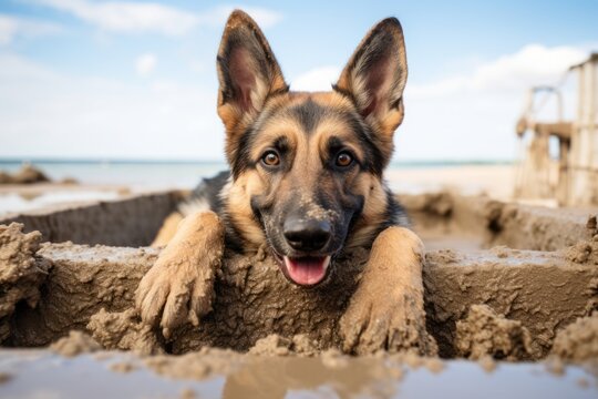 Headshot portrait photography of a cute german shepherd building a sandcastle against canals and waterways background. With generative AI technology