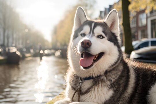 Medium shot portrait photography of a funny siberian husky sitting against canals and waterways background. With generative AI technology
