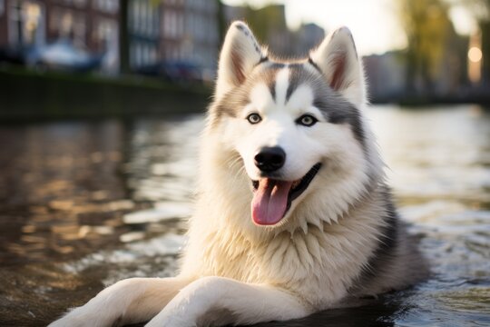 Medium shot portrait photography of a funny siberian husky sitting against canals and waterways background. With generative AI technology