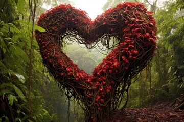 a heart shaped sculpture in the middle of a forest filled with lots of trees and greenery on a foggy day.