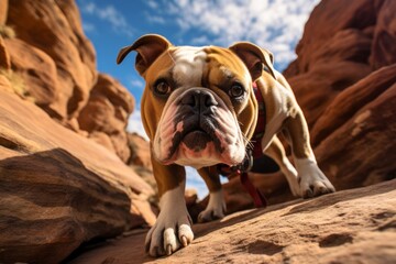 Close-up portrait photography of a curious bulldog hiking with the owner against rock formations background. With generative AI technology