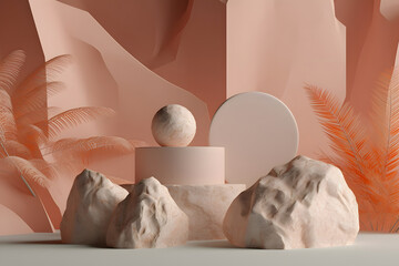 3D photo rendering of a composition of stones, balls and podiums for an advertising magazine presentation of a product. An object stage for the demonstration and exhibition of cosmetic products