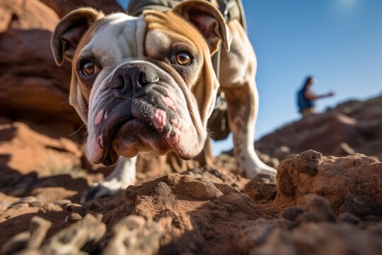 Close-up portrait photography of a curious bulldog hiking with the owner against rock formations background. With generative AI technology