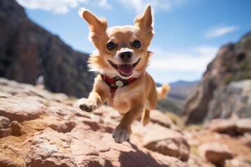 Full-length portrait photography of a happy chihuahua chasing his tail against rock formations background. With generative AI technology