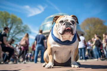 Group portrait photography of a curious bulldog being in front of a famous landmark against planetariums background. With generative AI technology