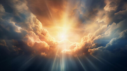 Culture, religion and sacral concept Abstract illustration and visualization of God light in sky with clouds