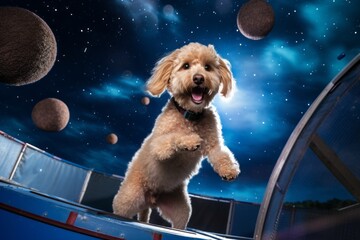 Lifestyle portrait photography of a happy poodle jumping through a hoop against planetariums background. With generative AI technology - obrazy, fototapety, plakaty