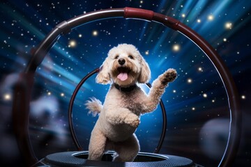 Lifestyle portrait photography of a happy poodle jumping through a hoop against planetariums background. With generative AI technology - obrazy, fototapety, plakaty