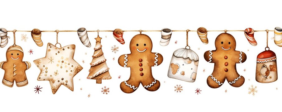 Christmas decorative banner with gingerbread men cookies, gifts, candies and christmas cake. Drawing, illustration on white background