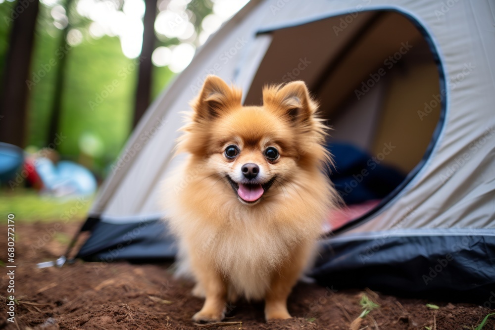 Canvas Prints headshot portrait photography of a funny pomeranian camping against outdoor mazes background. with g