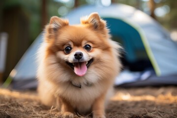Fototapeta premium Headshot portrait photography of a funny pomeranian camping against outdoor mazes background. With generative AI technology