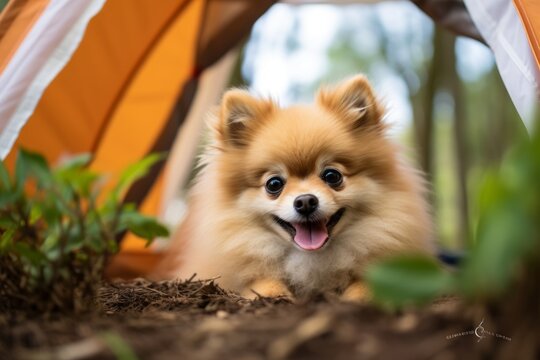Headshot portrait photography of a funny pomeranian camping against outdoor mazes background. With generative AI technology