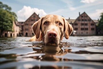 Lifestyle portrait photography of a funny labrador retriever swimming in a lake against old movie...