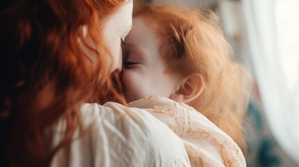 Redhead Irish mother kisses and hugs her baby, blurred kids room - obrazy, fototapety, plakaty