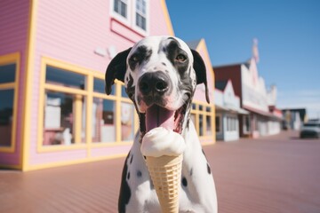 Lifestyle portrait photography of a smiling great dane licking an ice cream cone against ghost towns background. With generative AI technology - obrazy, fototapety, plakaty