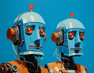 Close-up of robots against blue background. AI generated