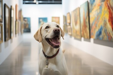 Close-up portrait photography of a smiling labrador retriever being at an art gallery against...